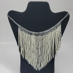 Premier Designs White Clear Vertical Hanging Beaded Chain Silver Toned Necklace